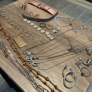 Assorted jewelry- 8 necklaces, 3 bracelets, coach keychain, 6 earrings, & more